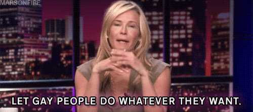 [Image description: a gif of TV personality Chelsea Handler supporting gay rights on her talk show. She says, "Let gay people do whatever they want." Image source: giphy.com]