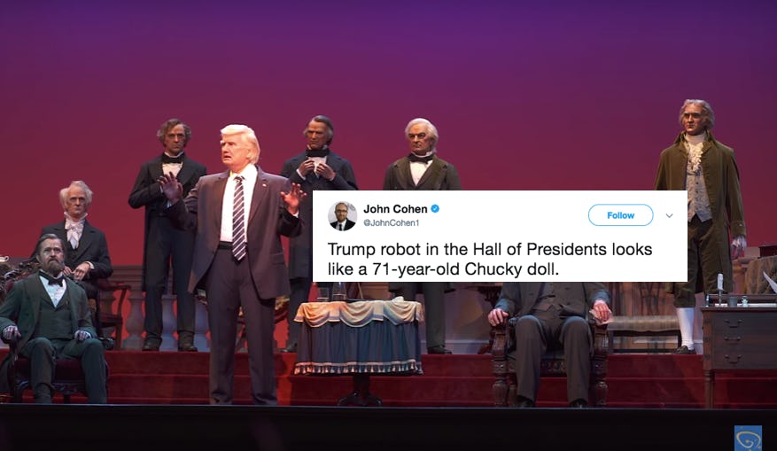 Animatronic Donald Trump Statue At Disney's Hall Of Presidents Gets Ruthlessly Mocked